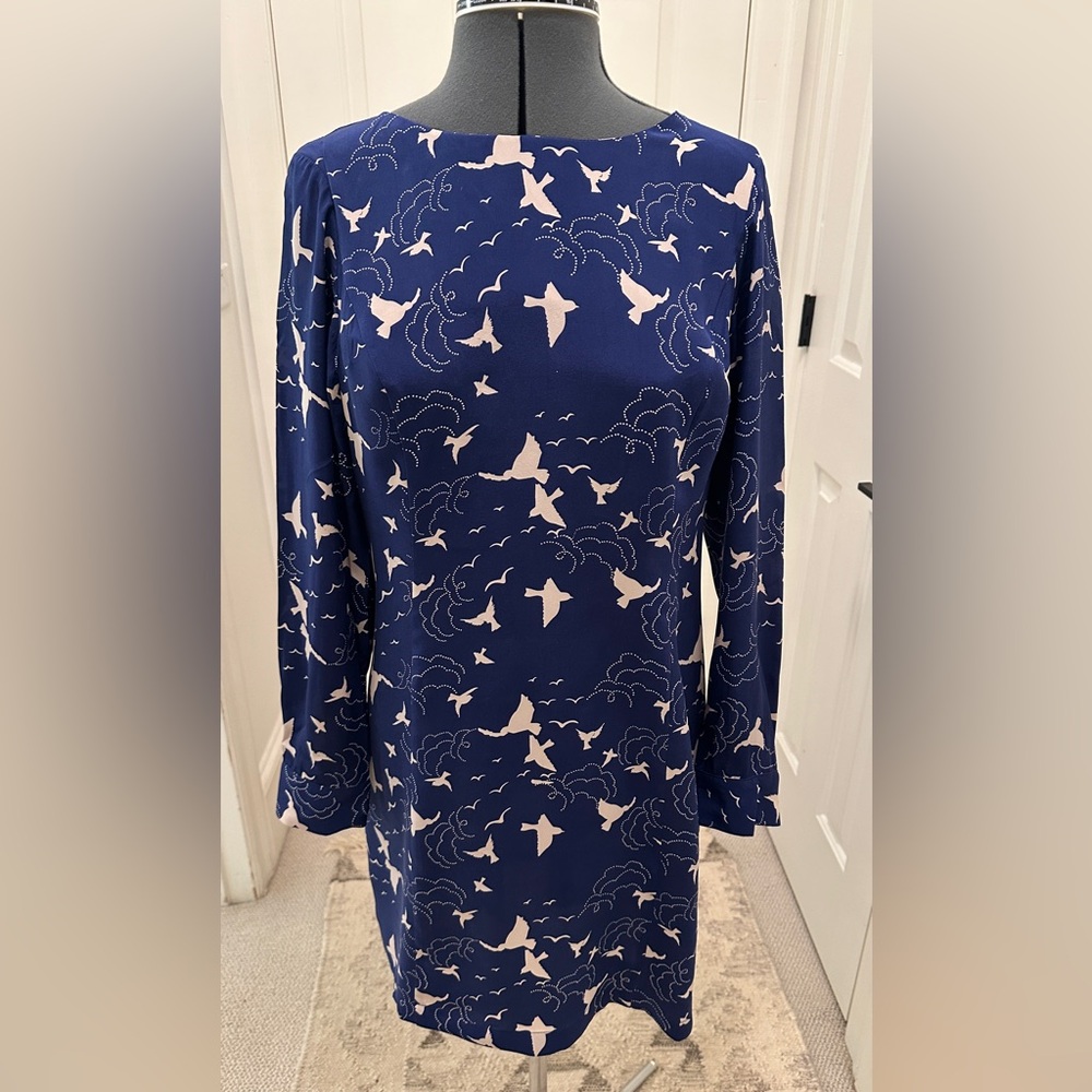 Akiko Navy Blue Silk Mini Dress with Bird Print, Cut-out back, size S